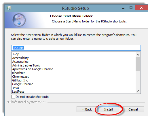 Terceira janela de diálogo do instalador do programa RStudio
