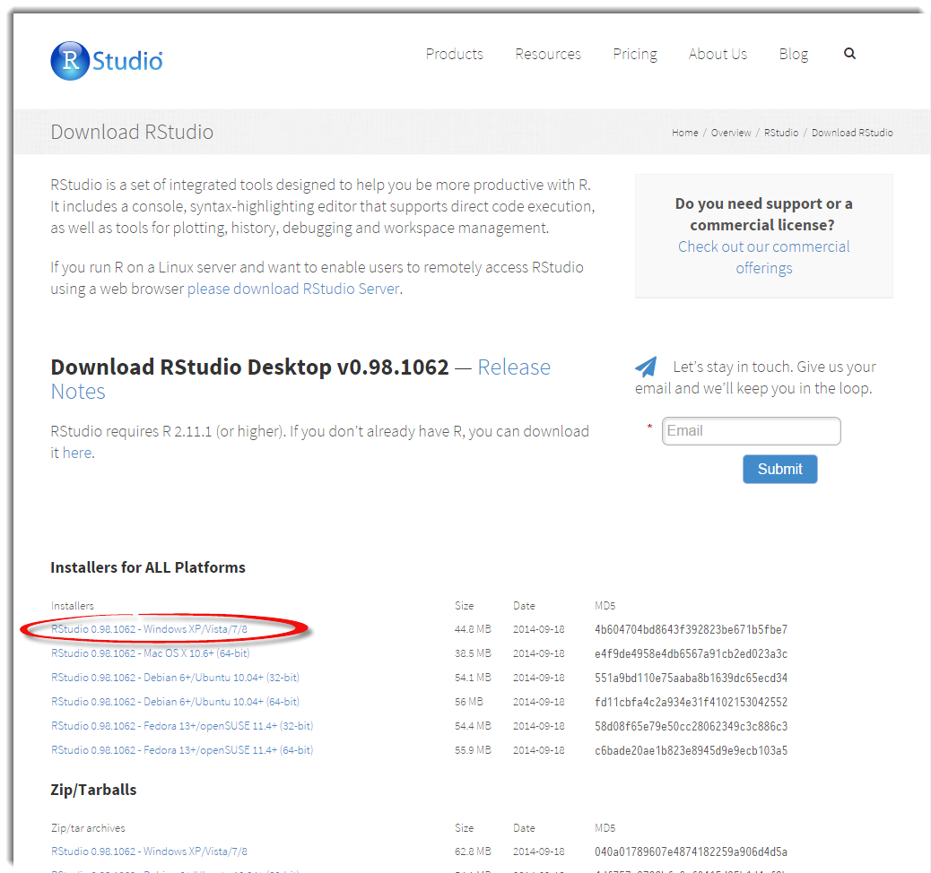 Escolha do arquivo de instalação do programa RStudio